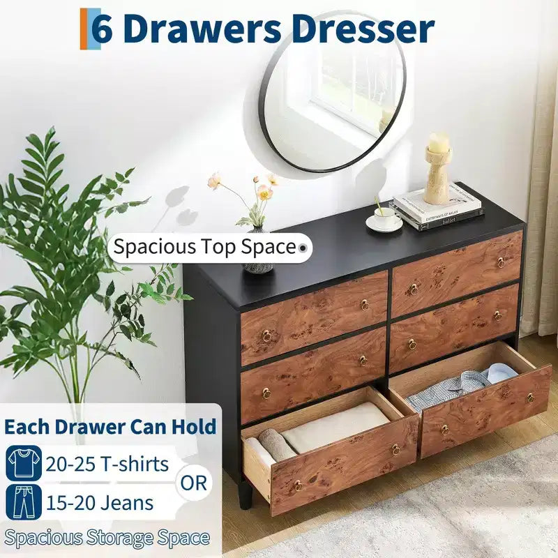 6 Drawers Dresser for Bedroom, 47 Wide Modern Chest of Drawers, Wood Dresser for Bedroom, Living Room, Hallway, Entryway, Natural Oak