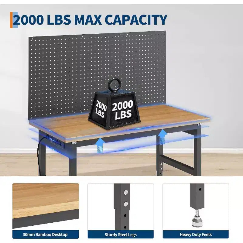 48 Adjustable Workbench with Pegboard - 2000lb Capacity, 28-40 Height Garage Table for Workshop & Home DIY