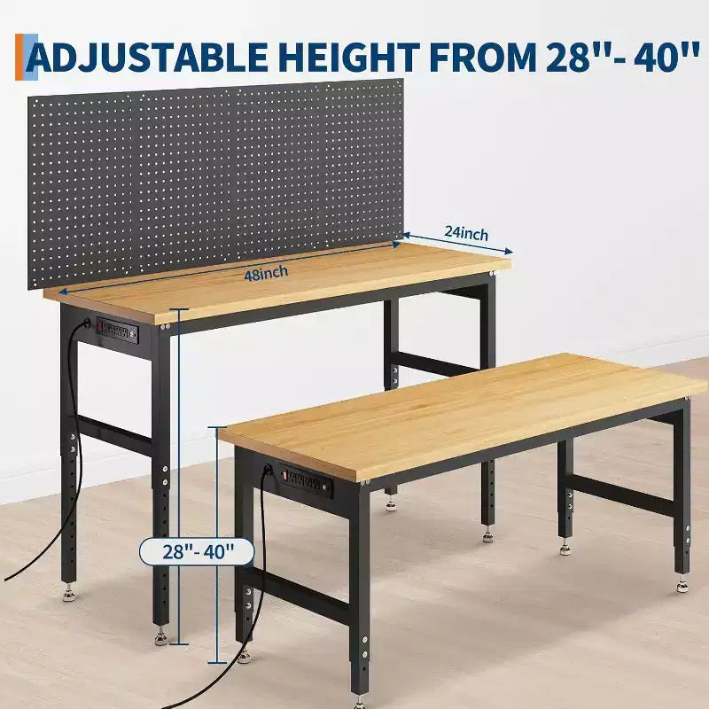 48 Adjustable Workbench with Pegboard - 2000lb Capacity, 28-40 Height Garage Table for Workshop & Home DIY