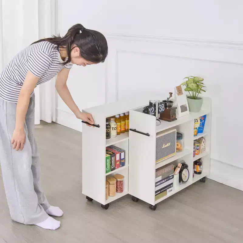 3-Tier Kitchen Cart, Wood with Lockable Wheels, Rolling Utility Cart with Open Shelves for Kitchen Storage, White