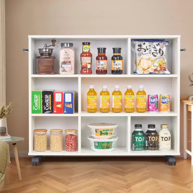 3-Tier Kitchen Cart, Wood with Lockable Wheels, Rolling Utility Cart with Open Shelves for Kitchen Storage, White