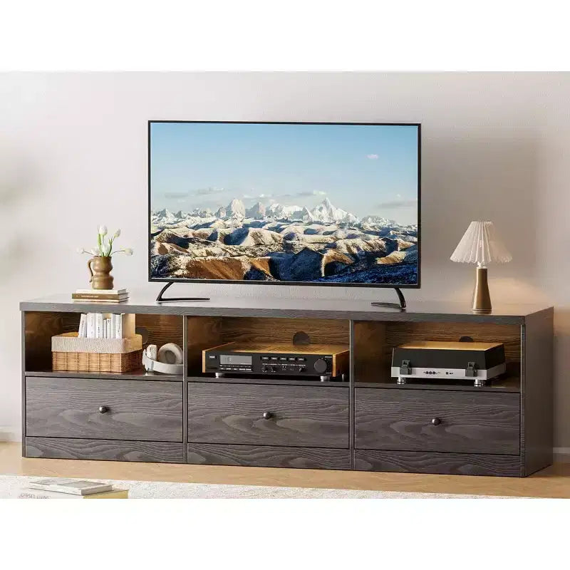 TROPOW TV Stand for up to 80-Inch TVs, Media Console Table with 3 Drawers and 3 Open Shelves, TV Cabinet for Living Room Bedroom,Black