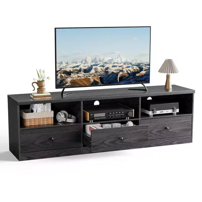 Mobile TV per TV fino a 80 pollici, Tavolo Console Multimediale con 3 Cassetti e 3 Ripiani Aperti, Mobile TV per Soggiorno Camera da Letto, Nero