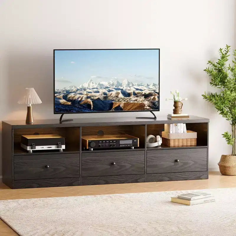 TV Stand for up to 80-Inch TVs, Media Console Table with 3 Drawers and 3 Open Shelves, TV Cabinet for Living Room Bedroom,Black