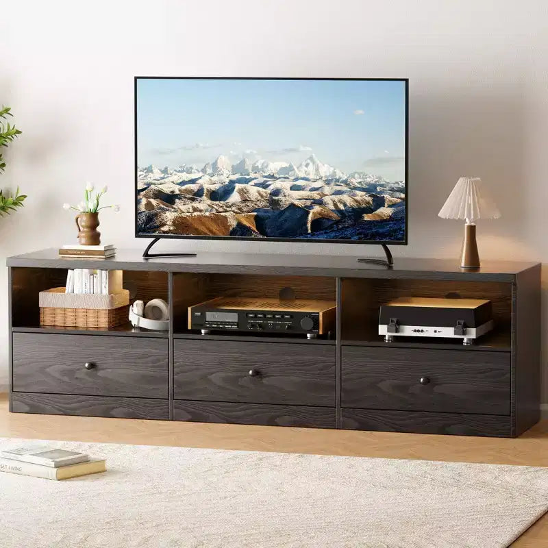 Mobile TV per TV fino a 80 pollici, Tavolo Console Multimediale con 3 Cassetti e 3 Ripiani Aperti, Mobile TV per Soggiorno Camera da Letto, Nero