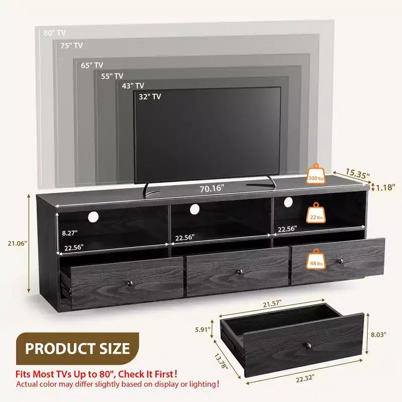 Mobile TV per TV fino a 80 pollici, Tavolo Console Multimediale con 3 Cassetti e 3 Ripiani Aperti, Mobile TV per Soggiorno Camera da Letto, Nero