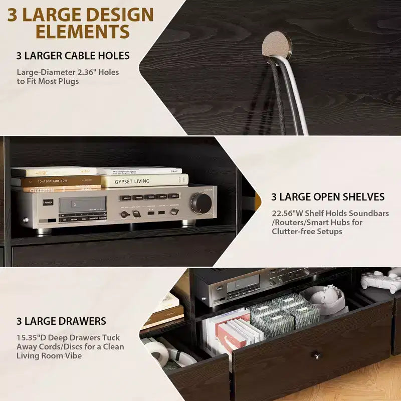 Mobile TV per TV fino a 80 pollici, Tavolo Console Multimediale con 3 Cassetti e 3 Ripiani Aperti, Mobile TV per Soggiorno Camera da Letto, Nero