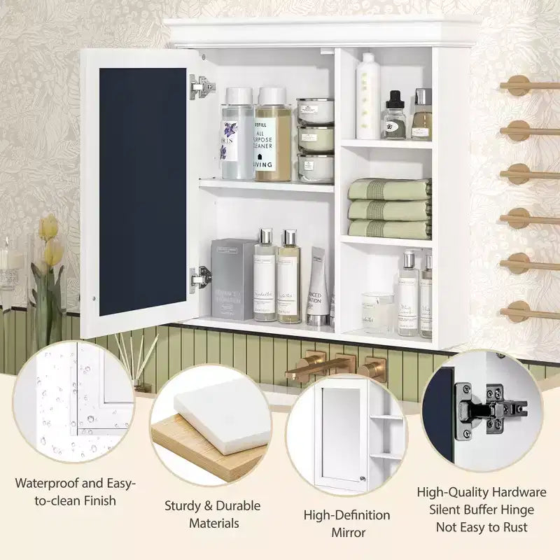 Mobile bagno moderno da parete con specchio e ripiani, mobiletto a specchio per il bagno