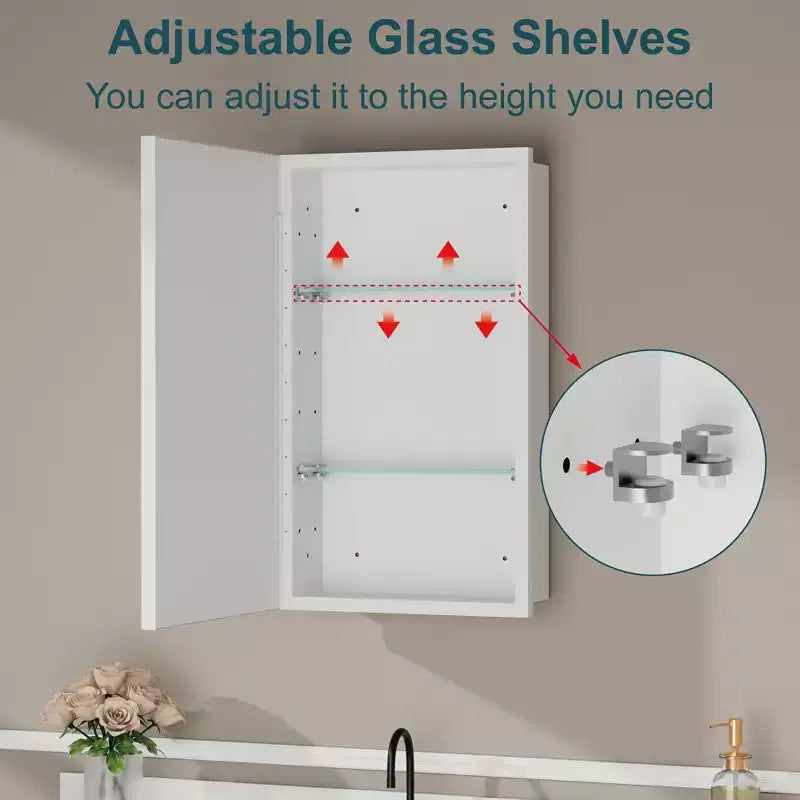 Armadietto a specchio per il bagno da incasso o da superficie, con ripiani regolabili in vetro temperato e anta reversibile