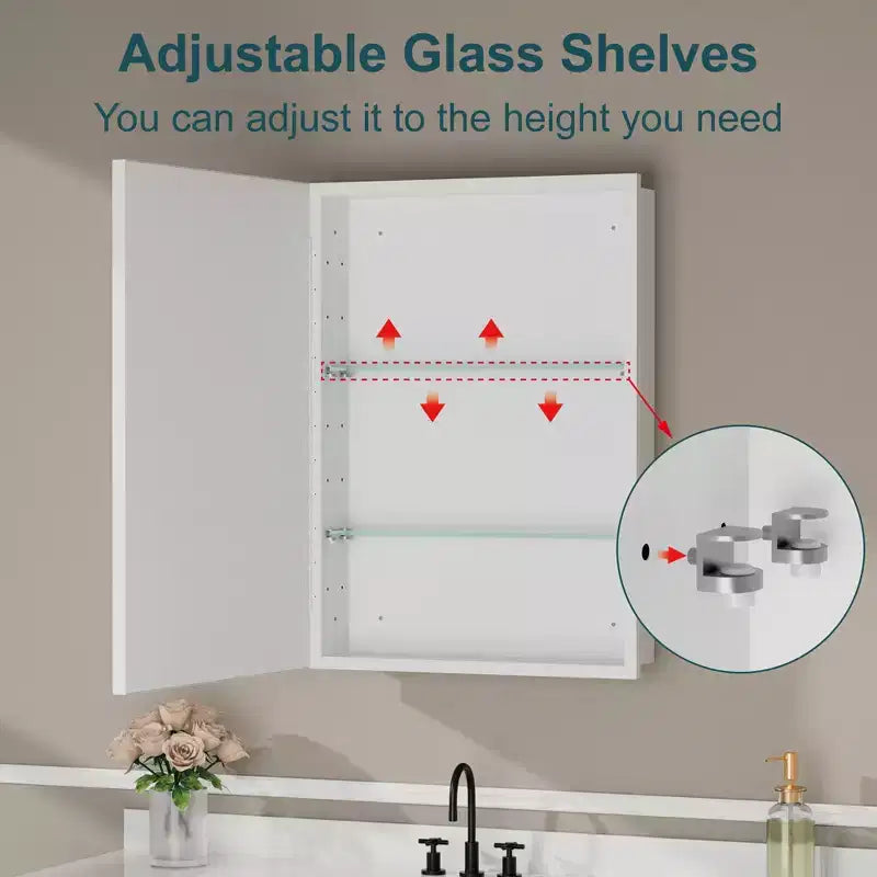 Armadietto a specchio per il bagno da incasso o da superficie, con ripiani regolabili in vetro temperato e anta reversibile