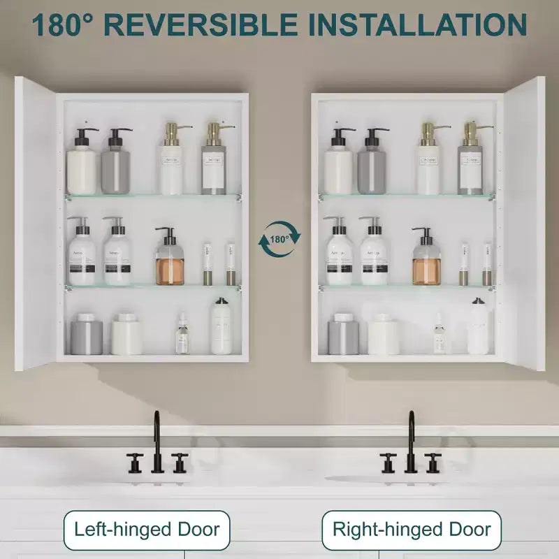 Armadietto a specchio per il bagno da incasso o da superficie, con ripiani regolabili in vetro temperato e anta reversibile