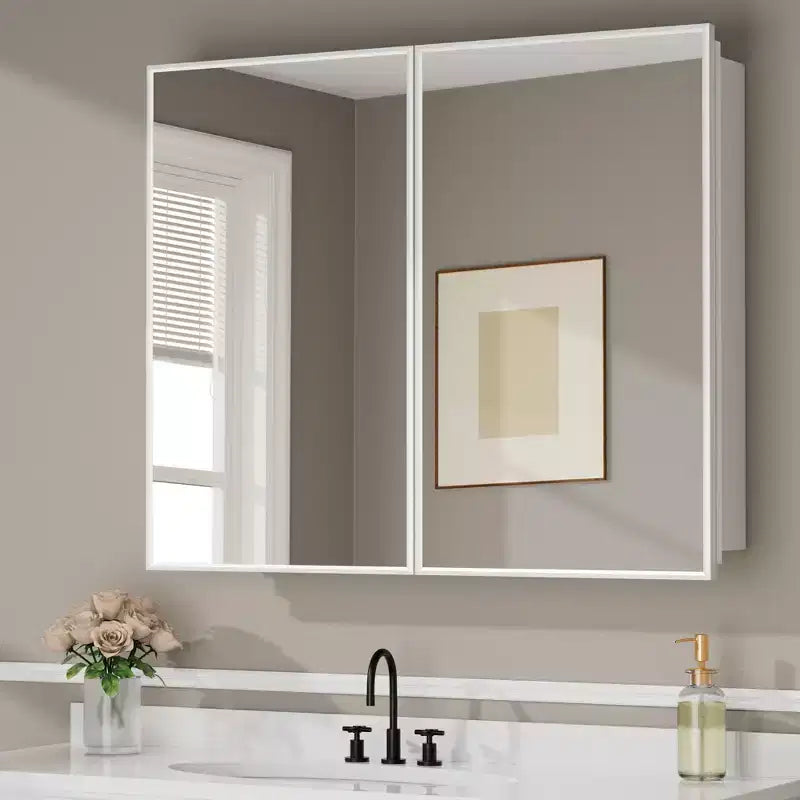 Armadietto a specchio per il bagno da incasso o da superficie, con ripiani regolabili in vetro temperato e anta reversibile