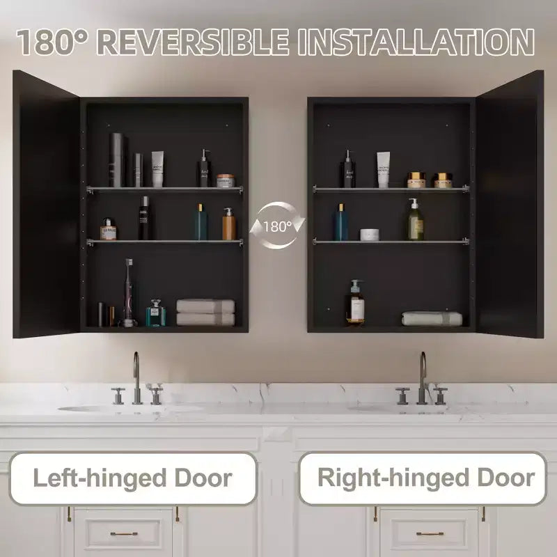 Armadietto a specchio per il bagno da incasso o da superficie, con ripiani regolabili in vetro temperato e anta reversibile