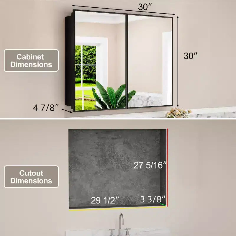 Armadietto a specchio per il bagno da incasso o da superficie, con ripiani regolabili in vetro temperato e anta reversibile
