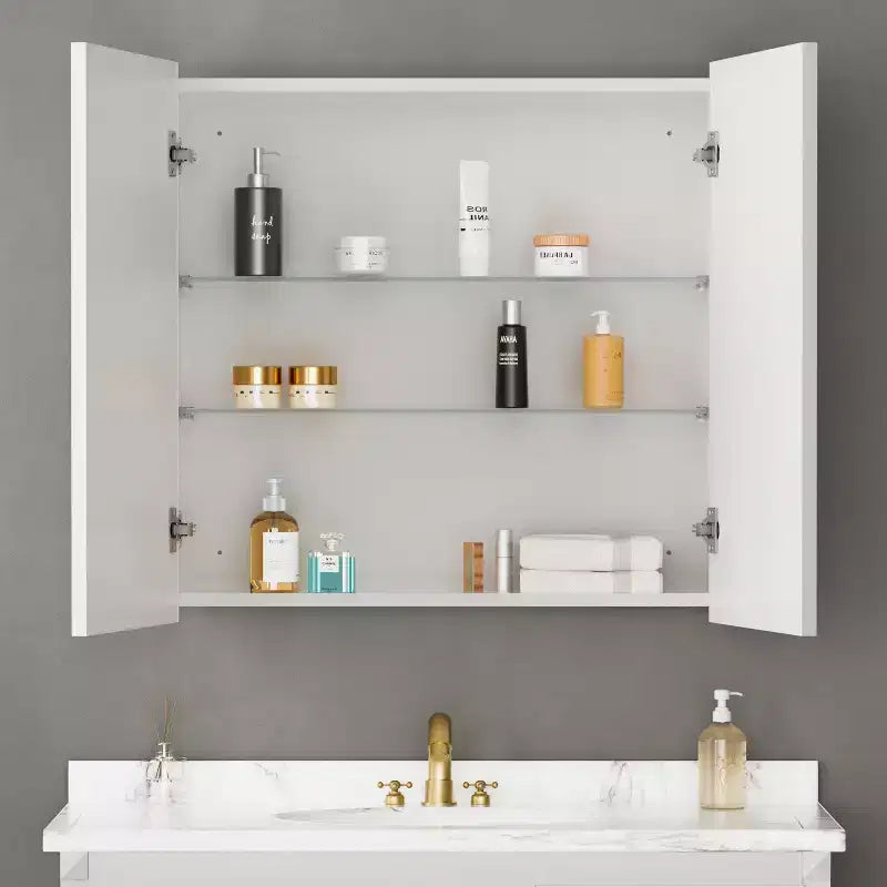 Armadietto a specchio per il bagno da incasso o da superficie, con ripiani regolabili in vetro temperato e anta reversibile