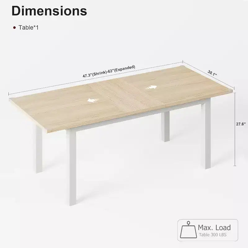 Extendable Dining Table for 46, 63 Large Wood Table with Metal Frame and MDF Top, Kitchen or Dining Room