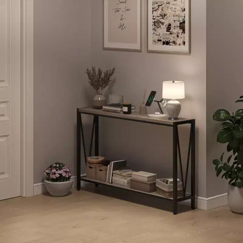 43'' Narrow Console Table with V Design, 2-Tier Entryway Table with Storage Shelf for Living Room