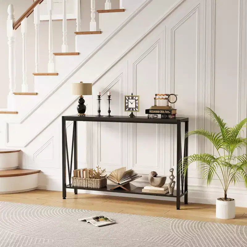 43'' Narrow Console Table with V Design, 2-Tier Entryway Table with Storage Shelf for Living Room