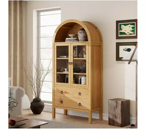 CuisinSmart 71 Display Arched Storage Cabinet, with Tempered Glass Doors, 2 Large Drawers, Adjustable Shelves, for Dining Room Kitchen- Natural