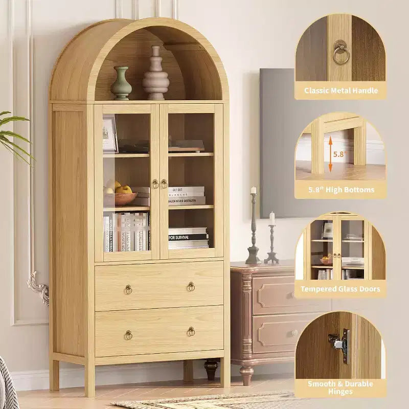 Vetrinetta espositiva ad arco 71", con ante in vetro temperato, 2 ampi cassetti, ripiani regolabili, per sala da pranzo e cucina - Naturale