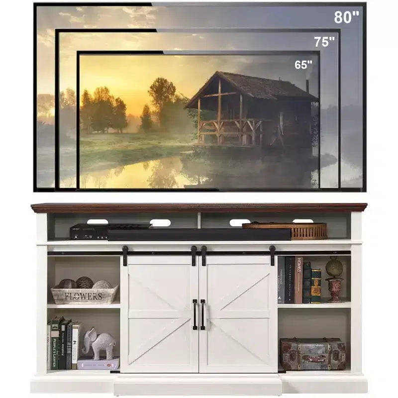 Mobile TV rustico per TV da 80 pollici, mobile multimediale alto 94 cm con anta scorrevole a granaio, armadietti e ripiani regolabili