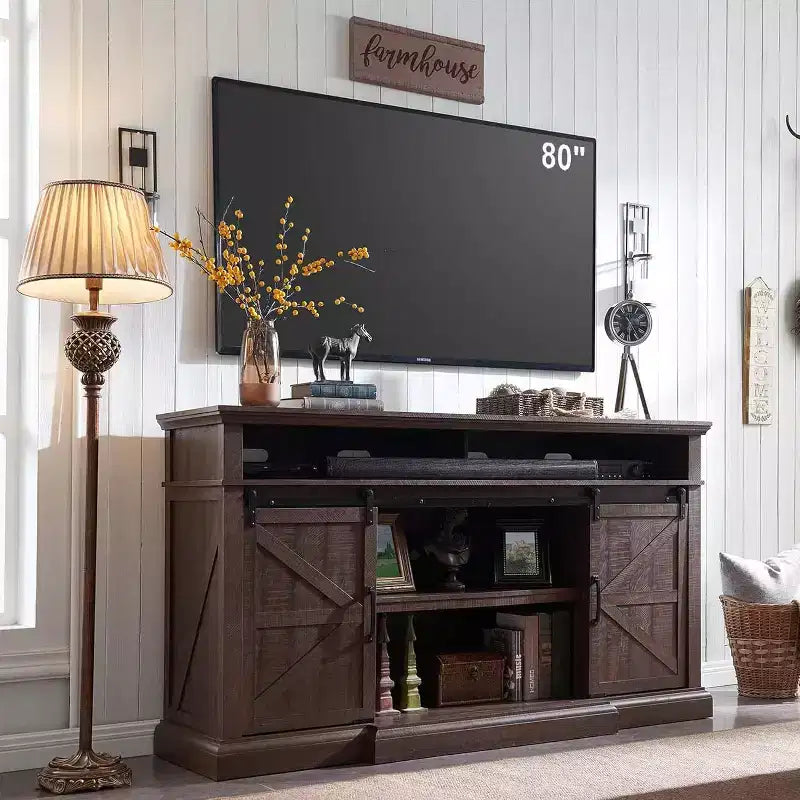 Farmhouse TV Stand for 80 TVs, 37 Tall Media Console with Sliding Barn Door, Storage Cabinets & Adjustable Shelves