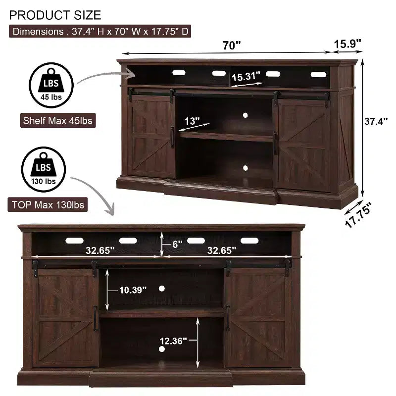 Farmhouse TV Stand for 80 TVs, 37 Tall Media Console with Sliding Barn Door, Storage Cabinets & Adjustable Shelves