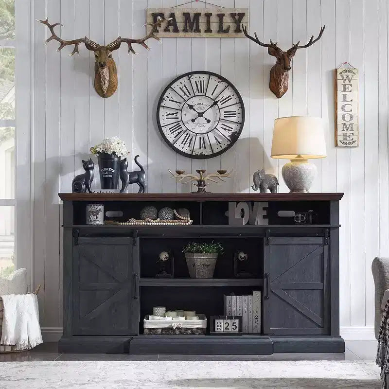 Farmhouse TV Stand for 80 TVs, 37 Tall Media Console with Sliding Barn Door, Storage Cabinets & Adjustable Shelves