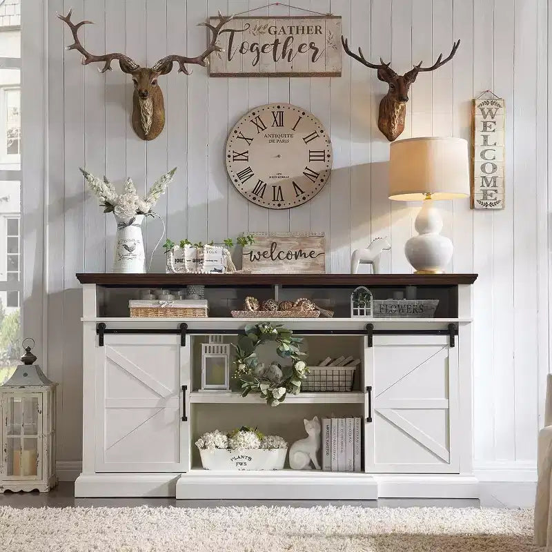 Farmhouse TV Stand for 80 TVs, 37 Tall Media Console with Sliding Barn Door, Storage Cabinets & Adjustable Shelves