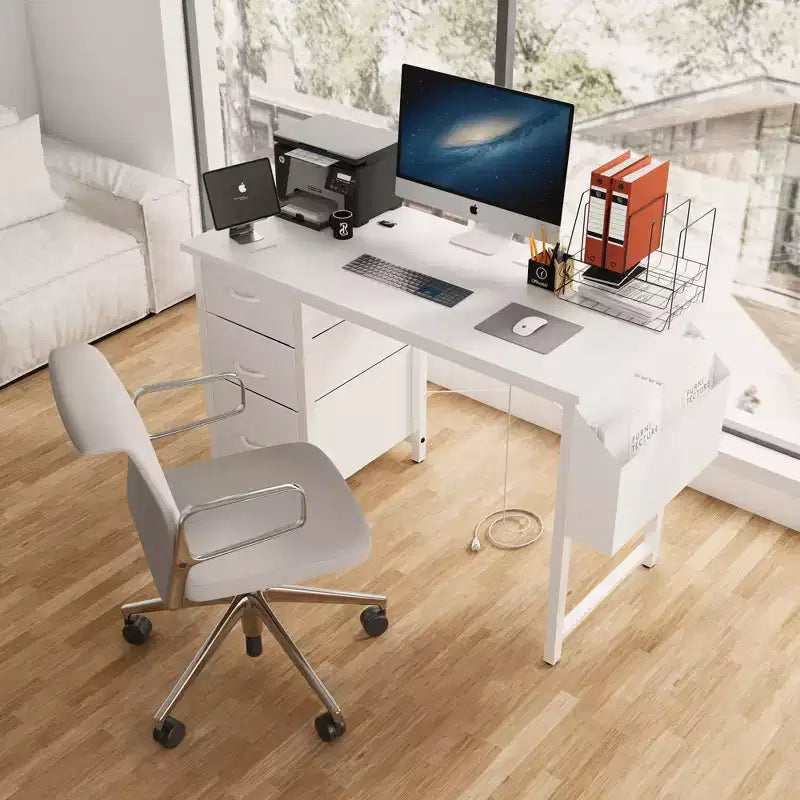 Scrivania moderna per computer da ufficio con cassetti e mensole, scrivania per studenti e ragazzi con borsa laterale per studio, ufficio, studio