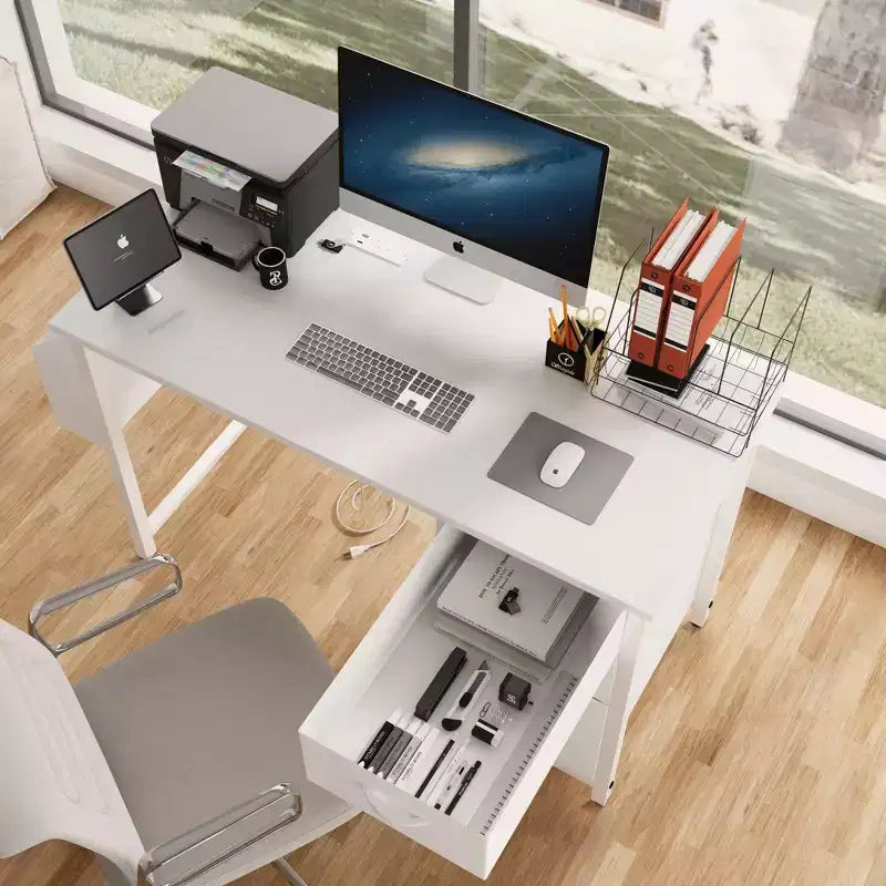Scrivania moderna per computer da ufficio con cassetti e mensole, scrivania per studenti e ragazzi con borsa laterale per studio, ufficio, studio