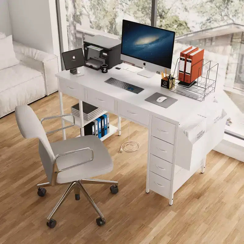 Scrivania moderna per computer da ufficio con cassetti e mensole, scrivania per studenti e ragazzi con borsa laterale per studio, ufficio, studio