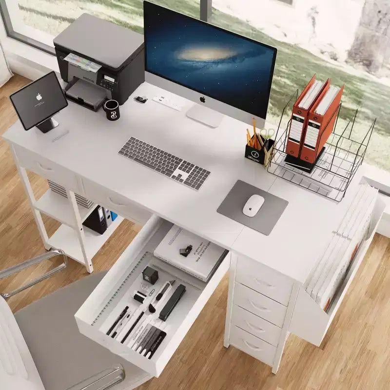 Scrivania moderna per computer da ufficio con cassetti e mensole, scrivania per studenti e ragazzi con borsa laterale per studio, ufficio, studio