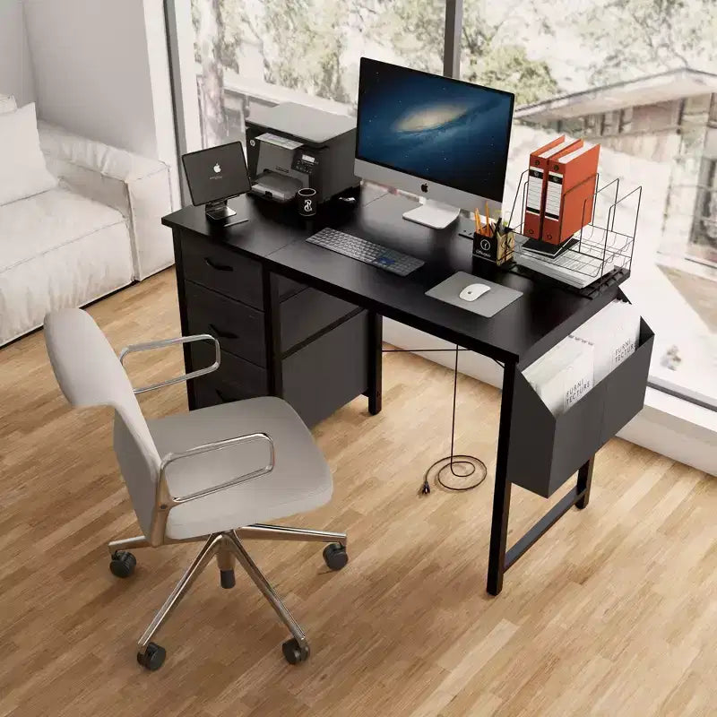 Scrivania moderna per computer da ufficio con cassetti e mensole, scrivania per studenti e ragazzi con borsa laterale per studio, ufficio, studio