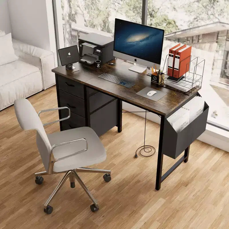 Scrivania moderna per computer da ufficio con cassetti e mensole, scrivania per studenti e ragazzi con borsa laterale per studio, ufficio, studio