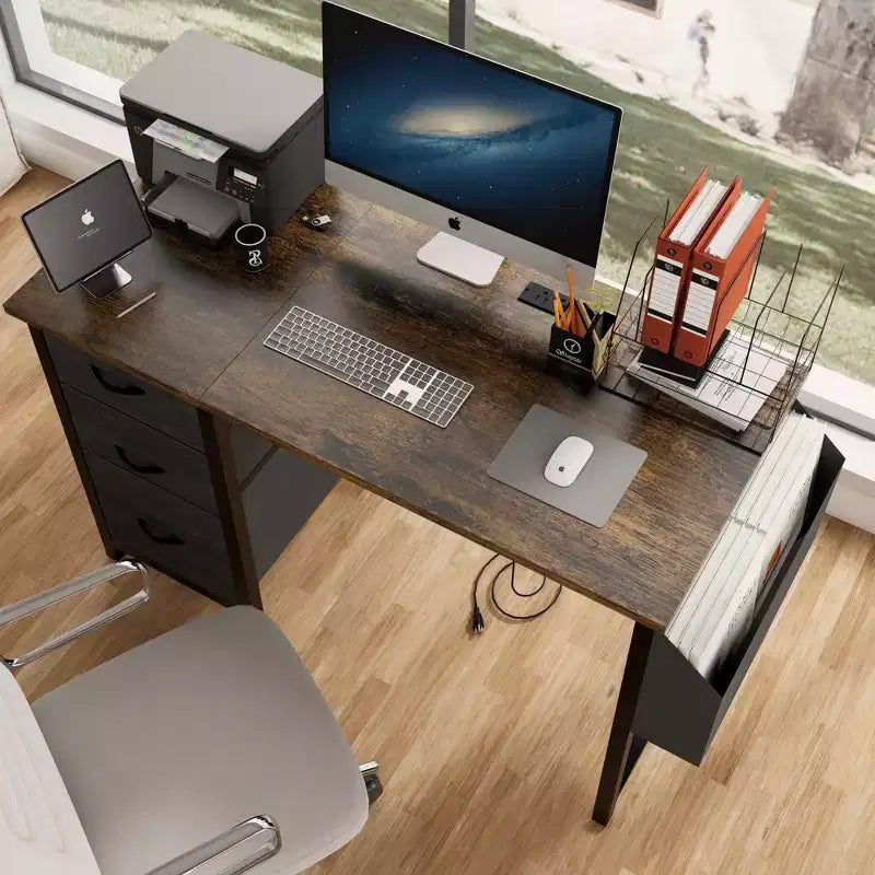 Scrivania moderna per computer da ufficio con cassetti e mensole, scrivania per studenti e ragazzi con borsa laterale per studio, ufficio, studio