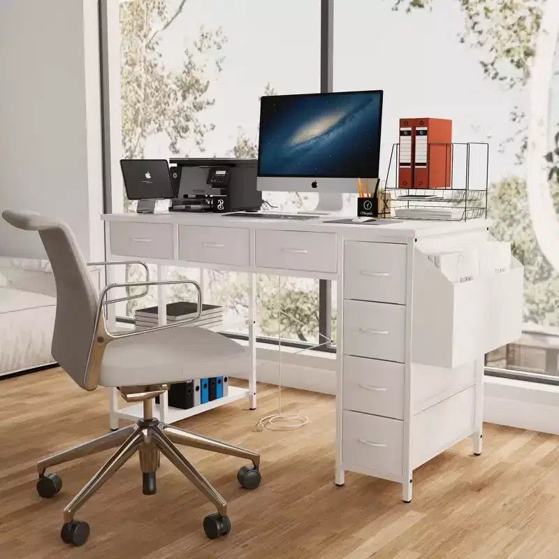 Modern Home Office Computer Desk with Darwers & Shelves,Teens Student Writing Desk with Side Bag for Study,Office,Studio