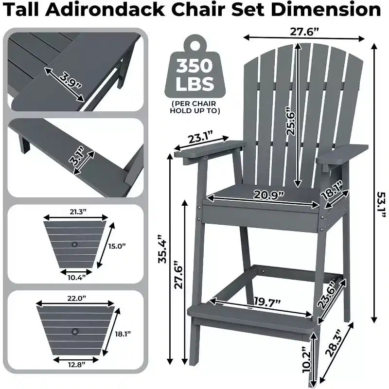 Acekool Sedie Adirondack da Bar Altezza 2 Pezzi con Tavolino Connettore, Sedie da Giardino Rialzate in Legno Naturale per Terrazzo e Cortile