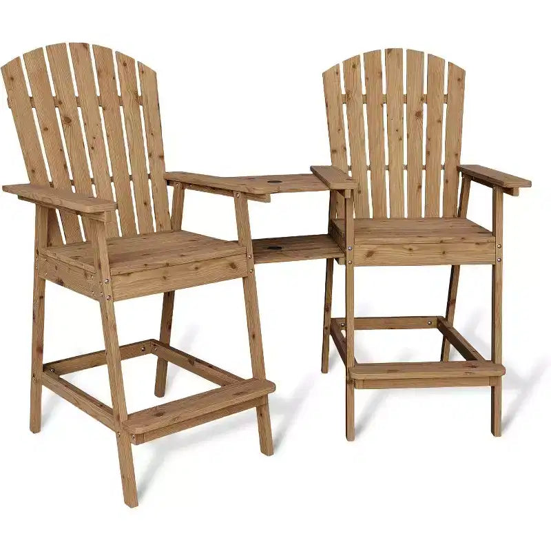 Acekool Sedie Adirondack da Bar Altezza 2 Pezzi con Tavolino Connettore, Sedie da Giardino Rialzate in Legno Naturale per Terrazzo e Cortile