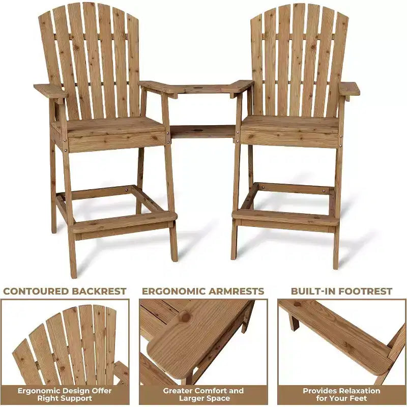 Acekool Sedie Adirondack da Bar Altezza 2 Pezzi con Tavolino Connettore, Sedie da Giardino Rialzate in Legno Naturale per Terrazzo e Cortile