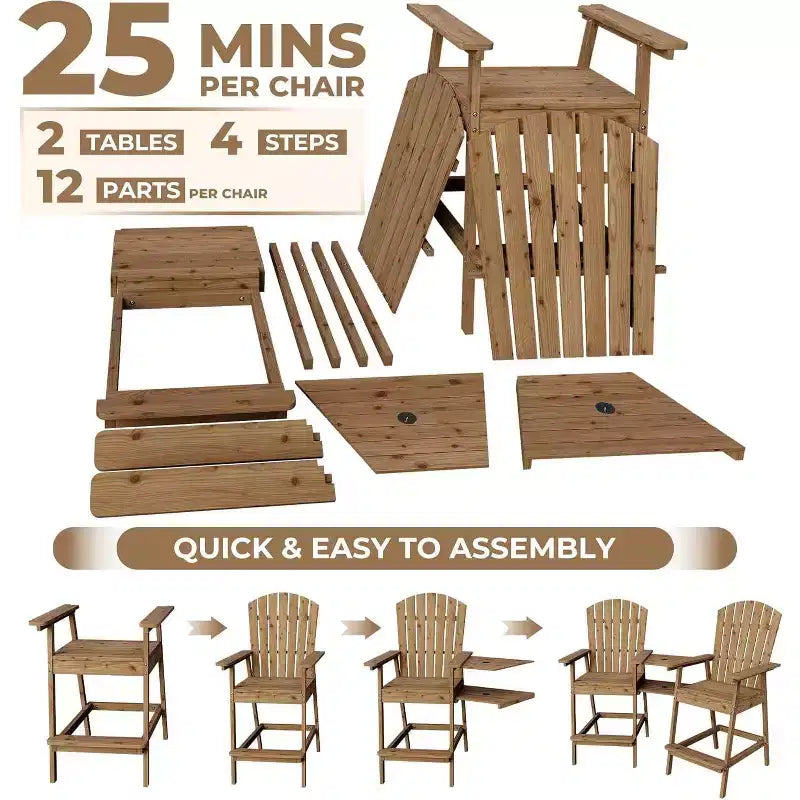 Acekool Sedie Adirondack da Bar Altezza 2 Pezzi con Tavolino Connettore, Sedie da Giardino Rialzate in Legno Naturale per Terrazzo e Cortile