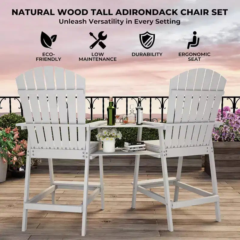 Acekool Sedie Adirondack da Bar Altezza 2 Pezzi con Tavolino Connettore, Sedie da Giardino Rialzate in Legno Naturale per Terrazzo e Cortile
