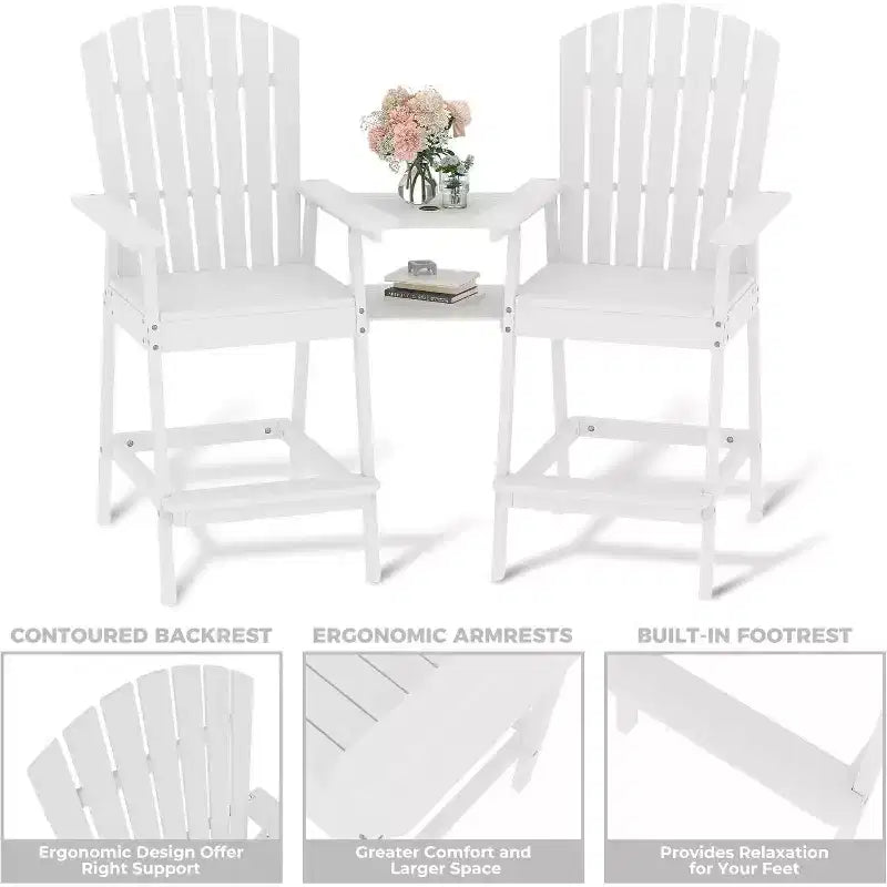 Acekool Sedie Adirondack da Bar Altezza 2 Pezzi con Tavolino Connettore, Sedie da Giardino Rialzate in Legno Naturale per Terrazzo e Cortile