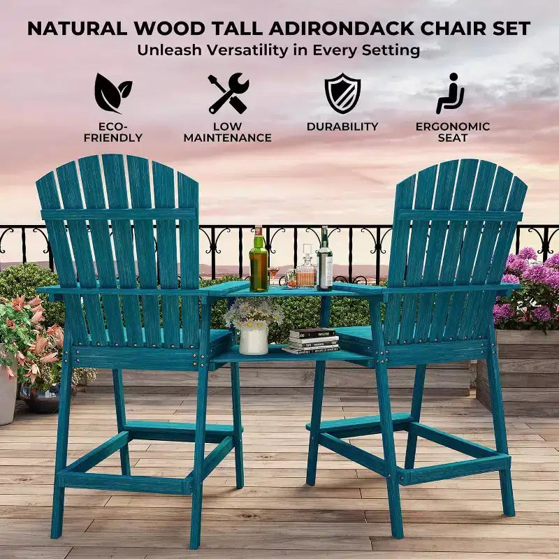 Acekool Bar Height Adirondack Chairs Set of 2 with Connecting Tray, Natural Wood Elevated Patio Chairs for Deck & Backyard