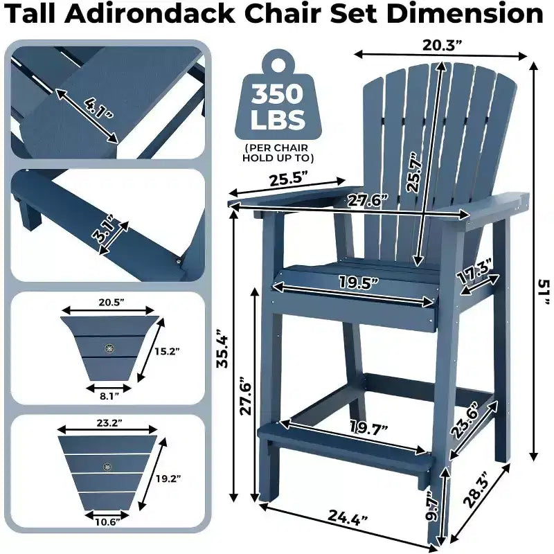 Acekool Set Adirondack da Bar con Sgabello in Poliestere Riciclato - 2 Sedie Resistenti alle Intemperie con Vassoio di Collegamento