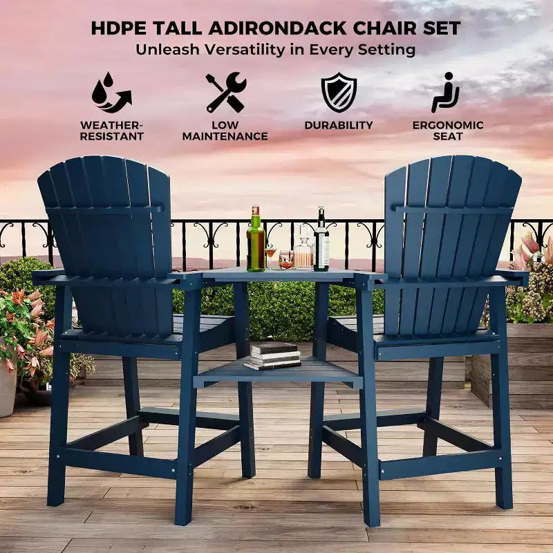 Acekool Set Adirondack da Bar con Sgabello in Poliestere Riciclato - 2 Sedie Resistenti alle Intemperie con Vassoio di Collegamento