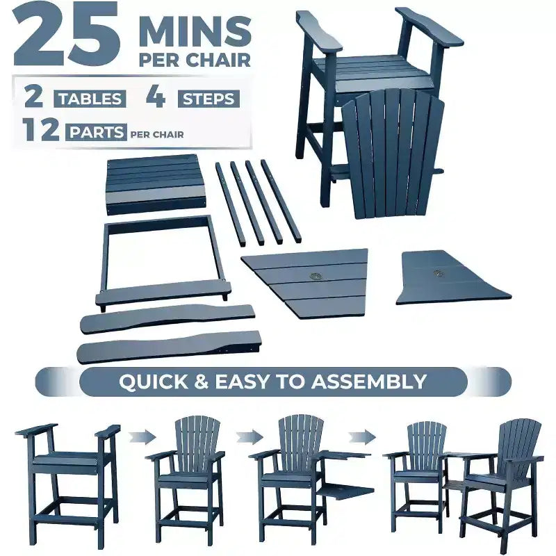 Acekool Set Adirondack da Bar con Sgabello in Poliestere Riciclato - 2 Sedie Resistenti alle Intemperie con Vassoio di Collegamento