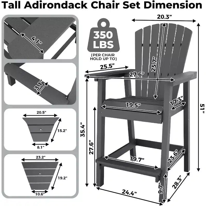 Set di sedie da bar Adirondack in polietilene riciclato Acekool - 4 sedie alte resistenti alle intemperie con 2 vassoi di collegamento, grigio