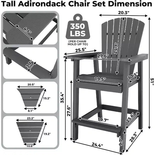 Set di sedie da bar Adirondack in polietilene riciclato Acekool - 4 sedie alte resistenti alle intemperie con 2 vassoi di collegamento, grigio