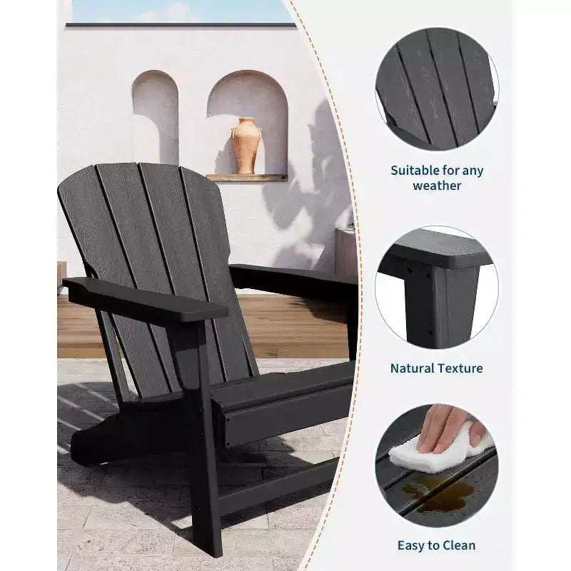Poltrona Acekool Oversize Adirondack in plastica HDPE resistente alle intemperie con texture effetto legno, capacità 172 kg, sedia da esterno per patio e braciere, nera